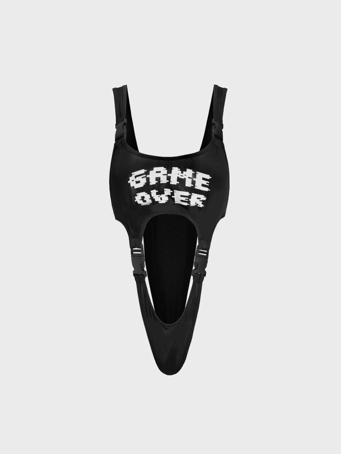 Y2k Black Buckle Game Over Bodysuit