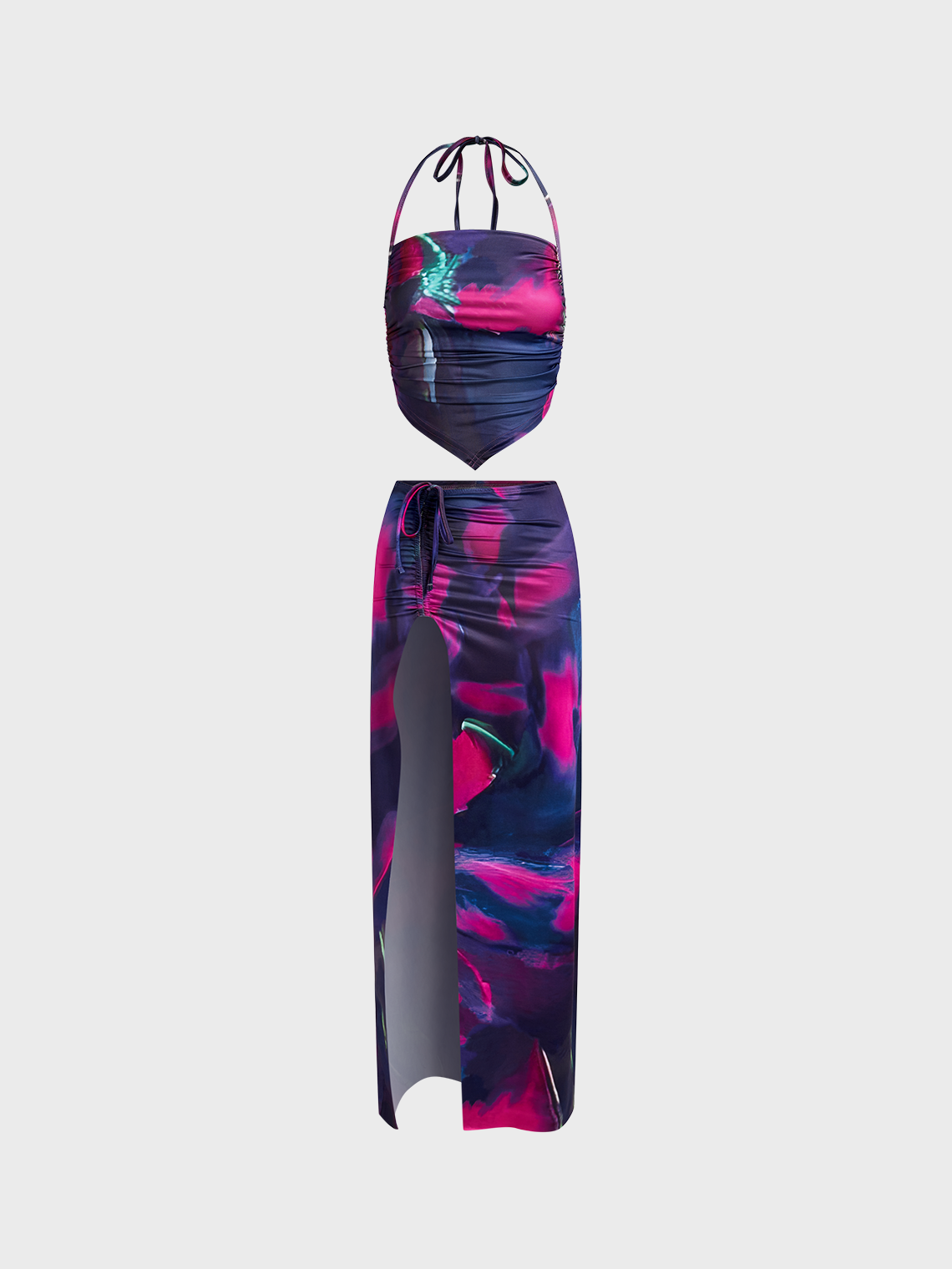 Drawstring Tie Dye Halter Top With Side Slit Skirt Two-Piece Set