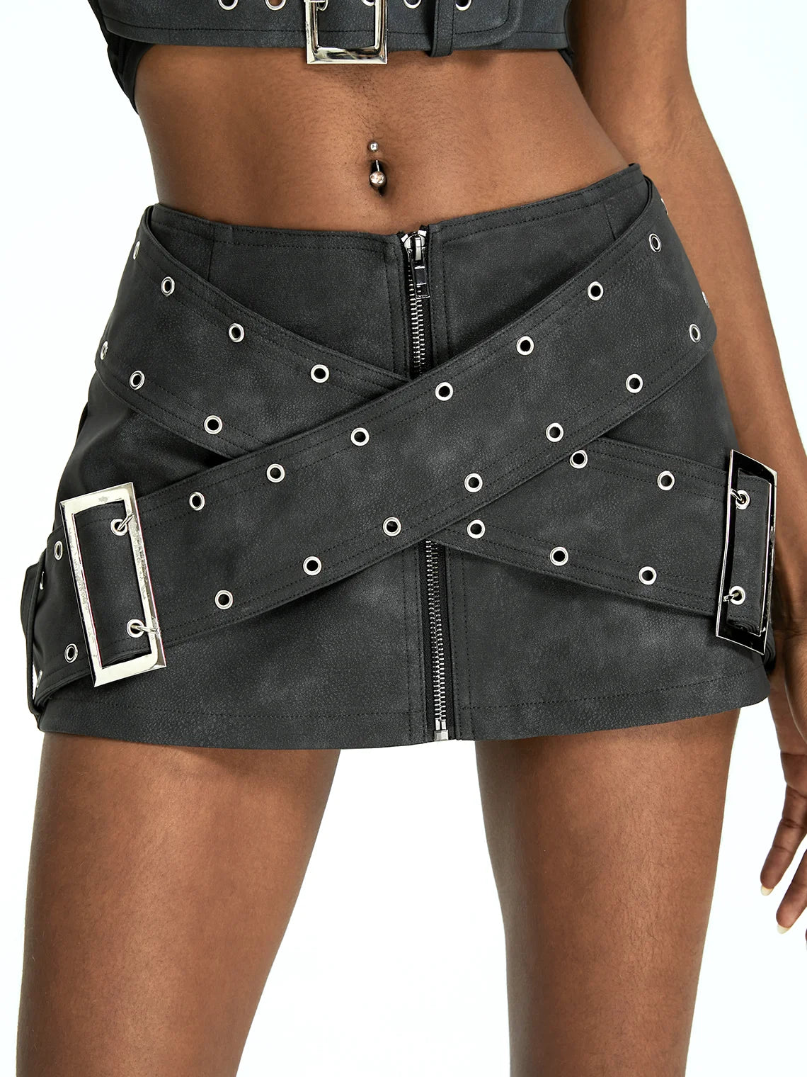 Punk Black Cross belt Metal Bottom Skirt