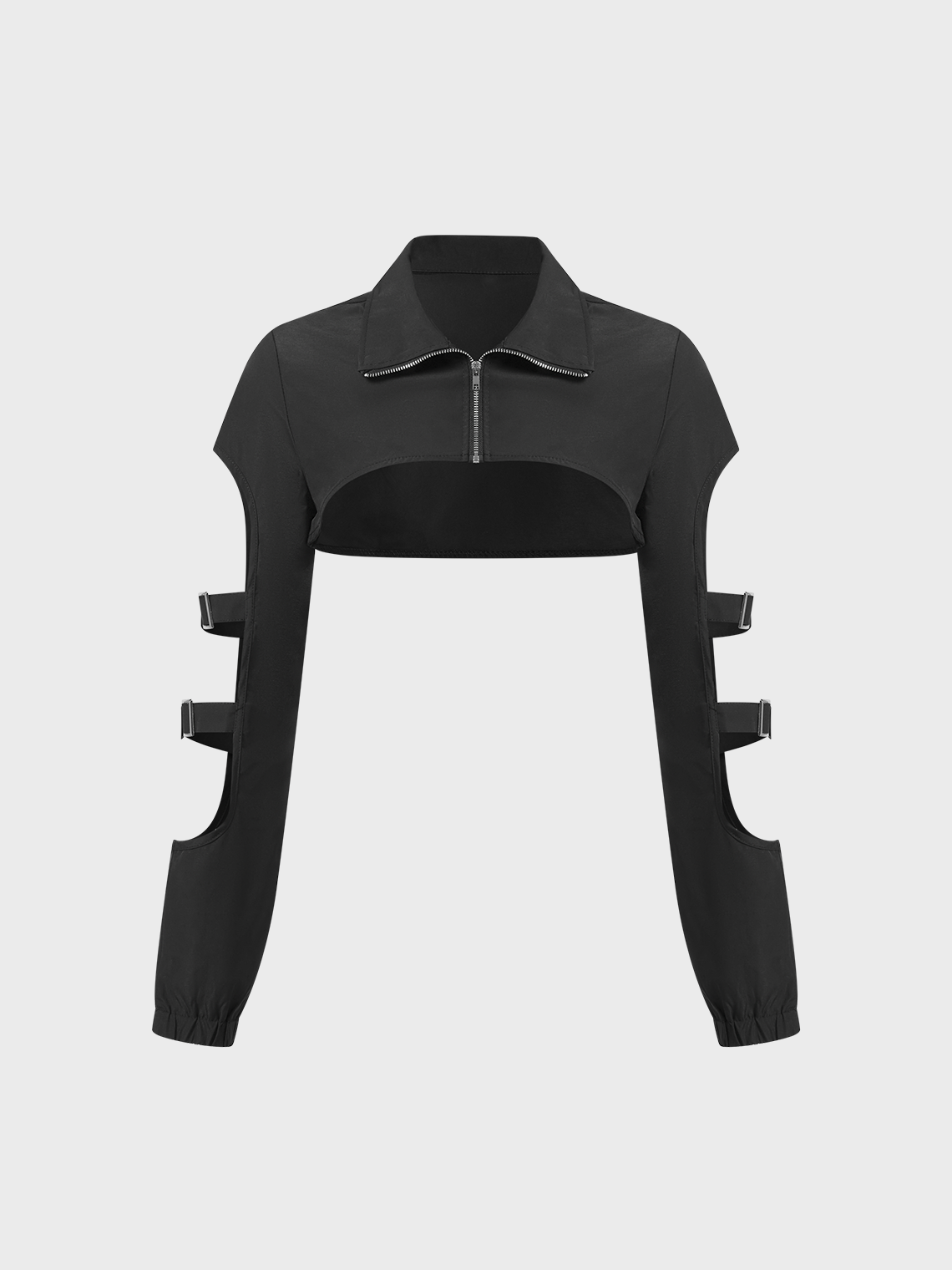 Cut Out Buckle Stand Collar Plain Long Sleeve Crop Jacket