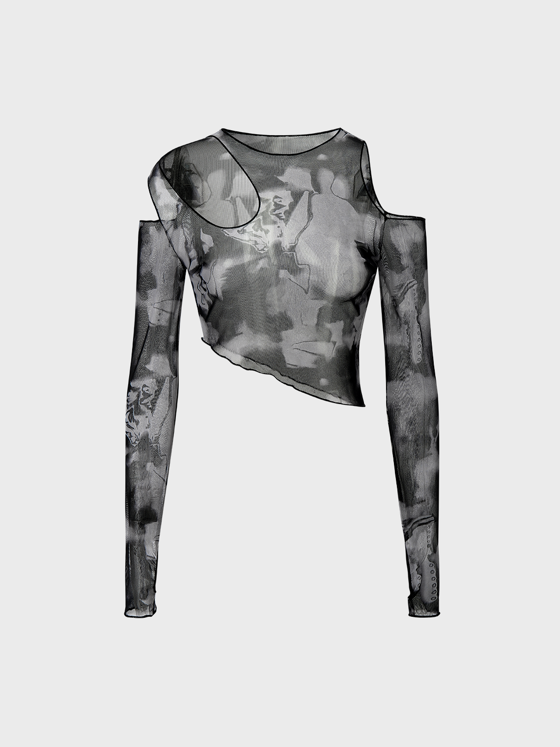 Edgy Black Tie Dye Asymmetrical Design Mesh Top Women Top