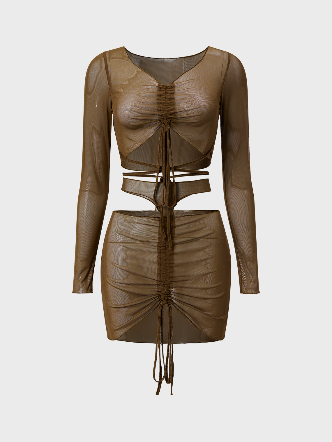 Edgy Brown Mesh Lace Up Drawstring Two-Piece Set