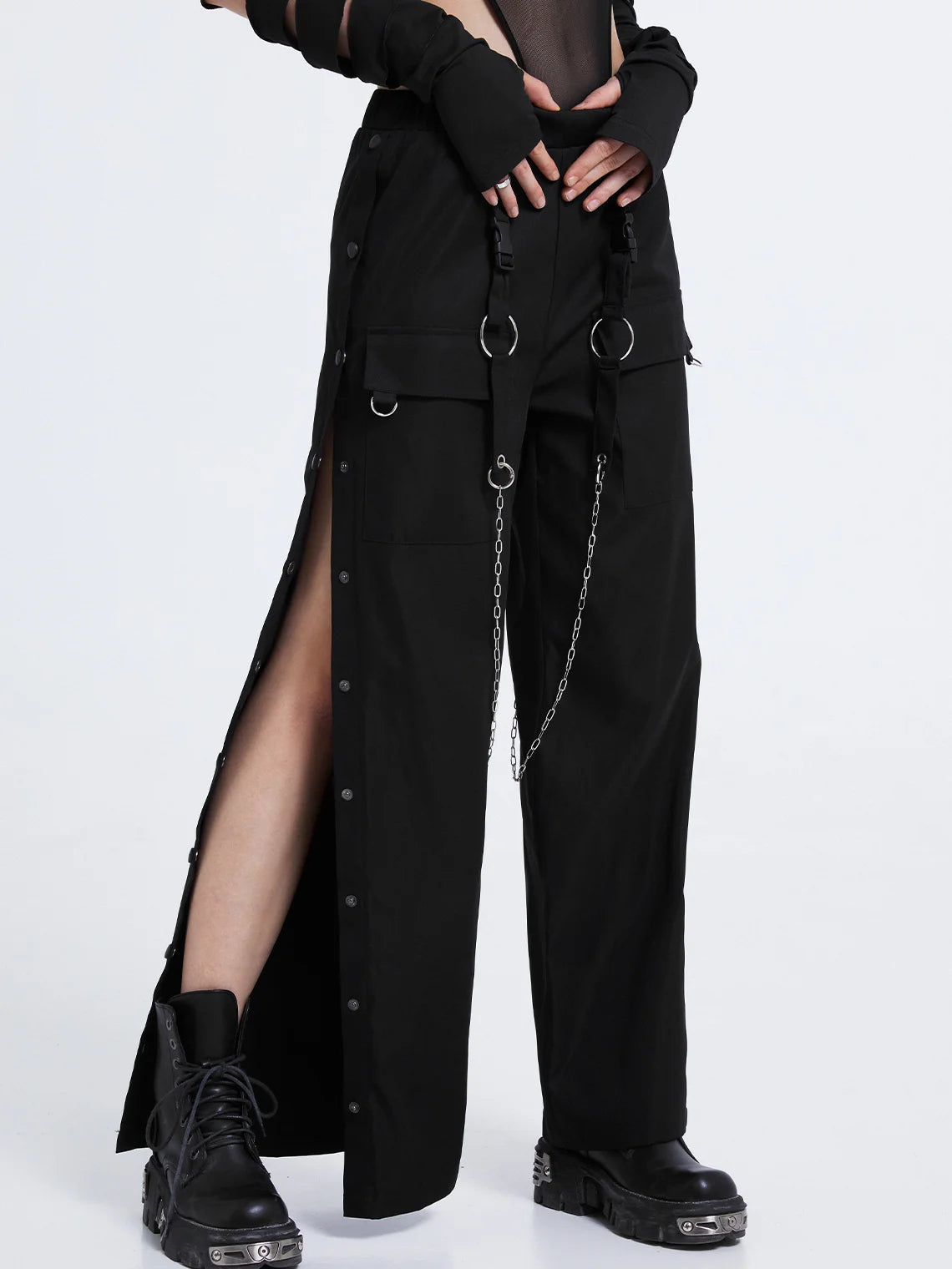 Street Black Side Slit Cut Out Metal Chain Bottom Pants