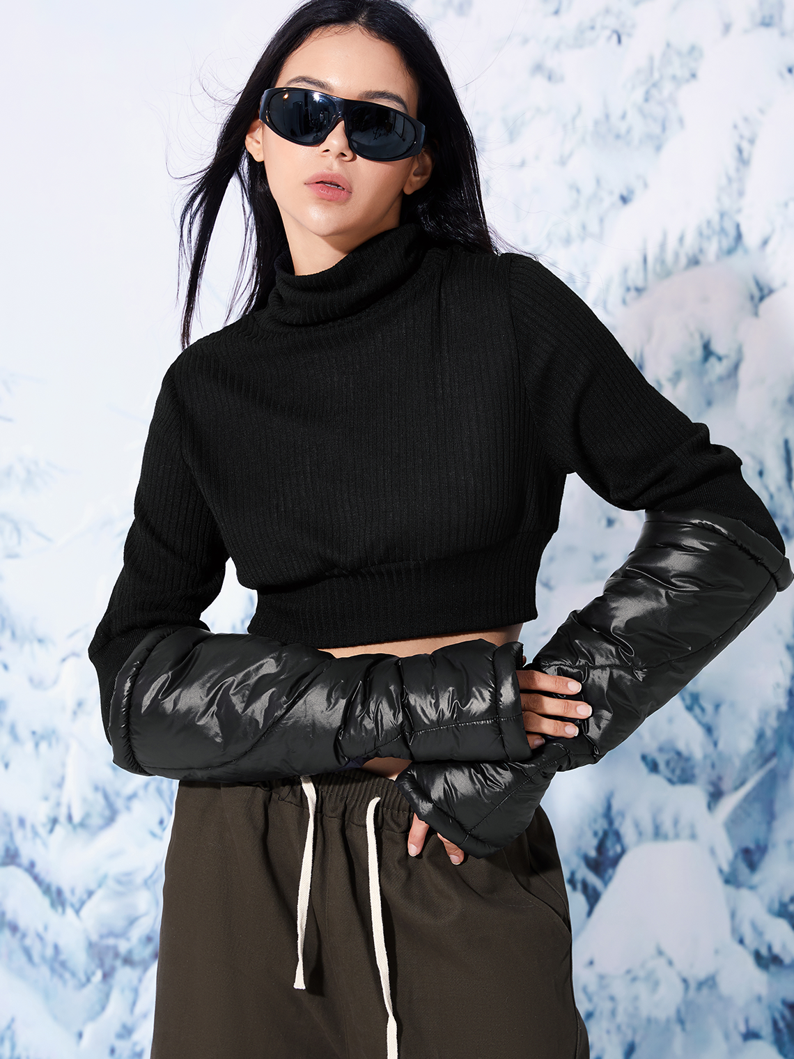 Rib Fabric Turtleneck Plain Long Sleeve Crop Top