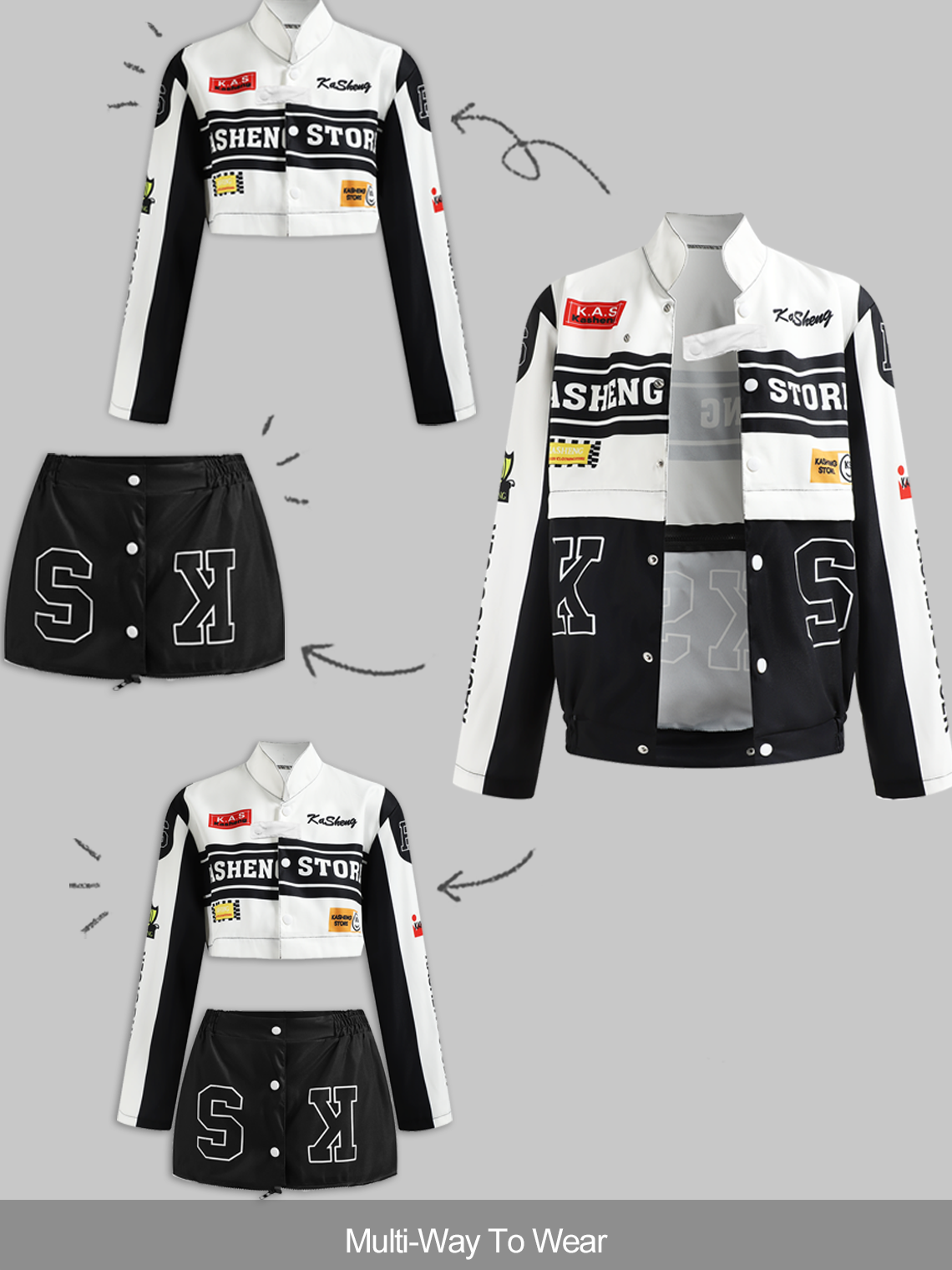 Multi-Way To Wear Bikercore Stand Collar Text Letters Jacket Or Set