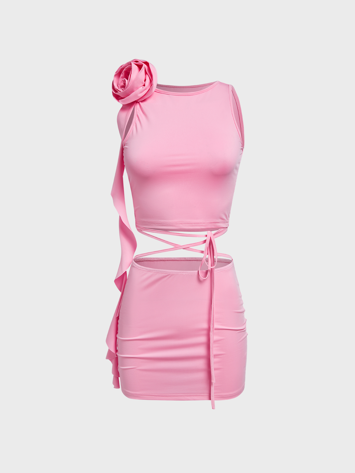 Y2k Pink 3D Rose Lace up Two-Piece Set