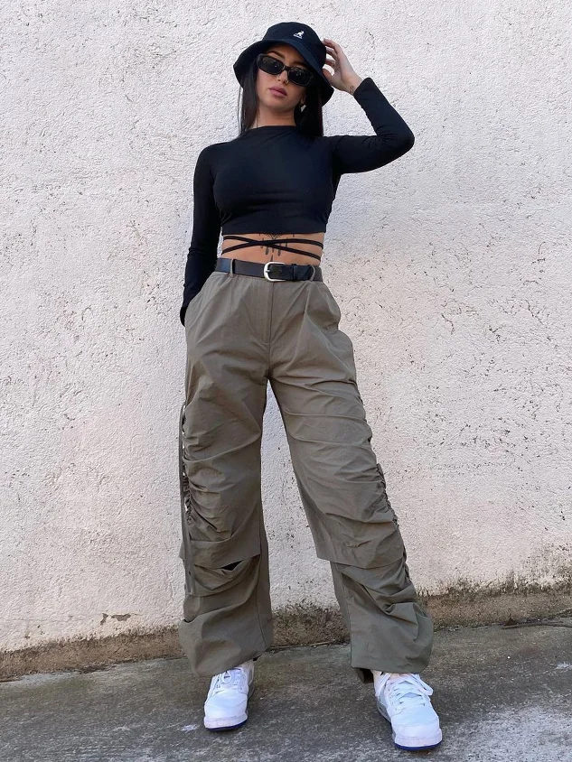 Street Taupe Wrinkled Cargo Bottom Pants