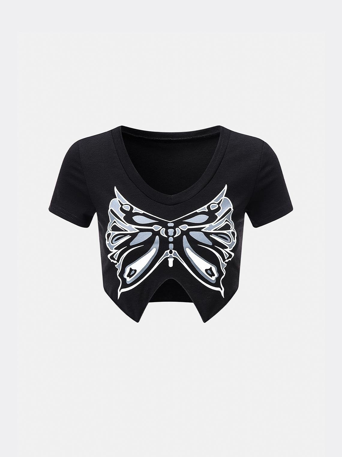 Y2K Fashion Black Butterfly V-Neck Top T-Shirt