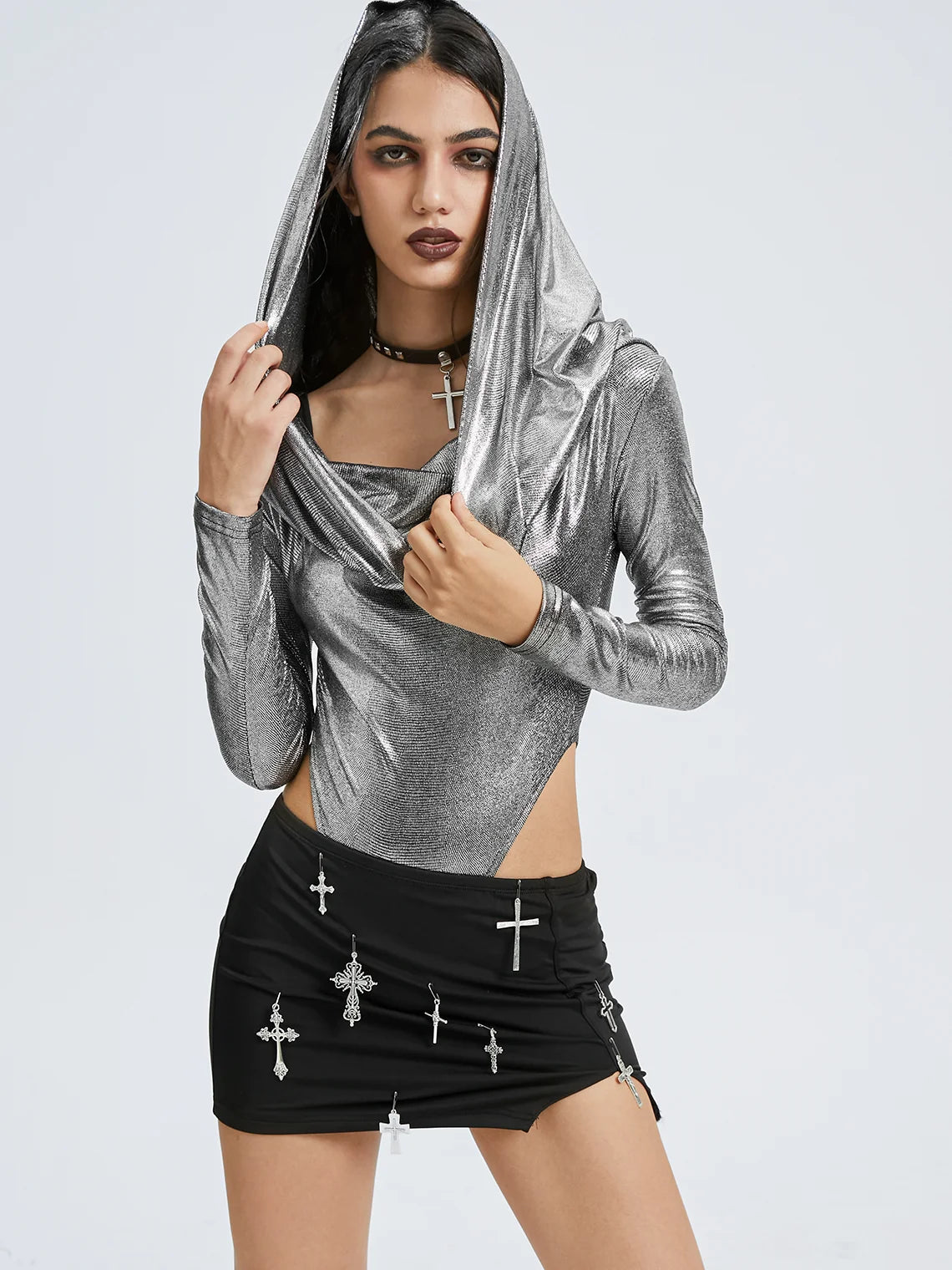 Metallic Hoodie Sliver Long Sleeve Bodysuit