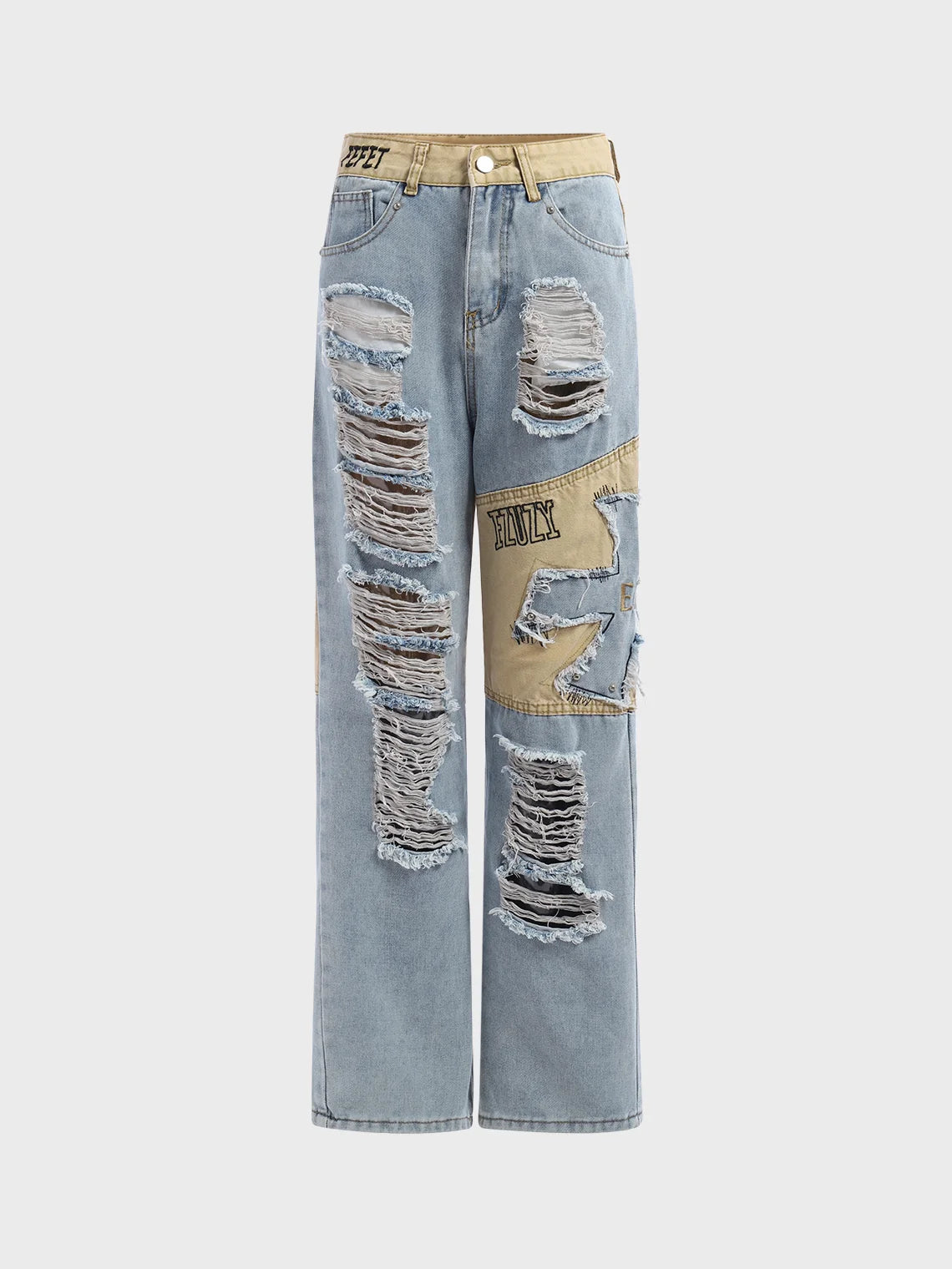 Denim Raw Edge Hollow out Plain Straight Jeans