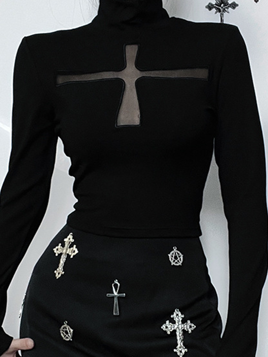 Stand Collar Cross Long Sleeve T-Shirt