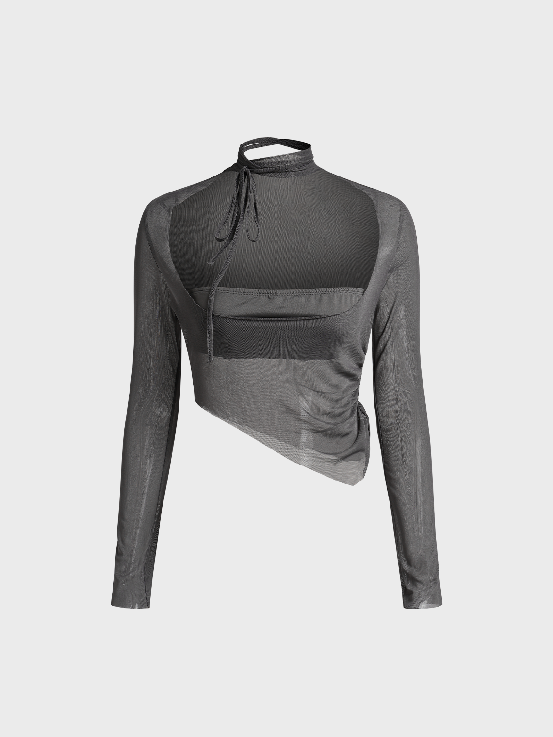 Street Gray Mesh Symmetrical design Double layer Top Women Top