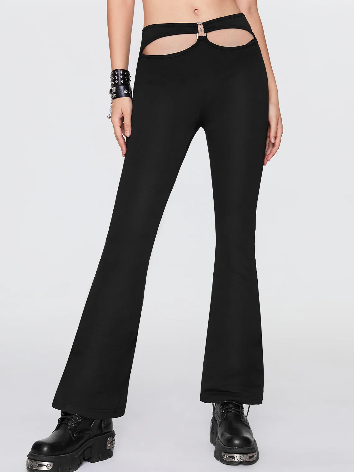 Punk Black Cut Out Flare Metal Bottom Pants