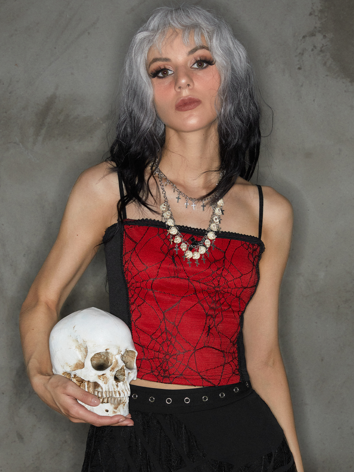 Punk Red Mesh Double Layer Halloween Top Tank Top & Cami