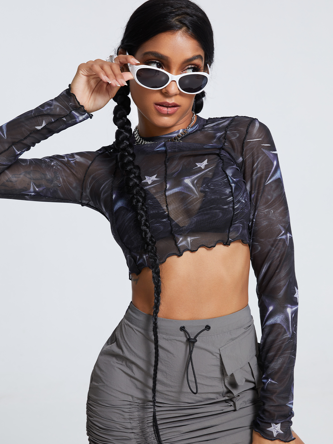 Edgy Black Mesh Cyberpunk Top Women Top