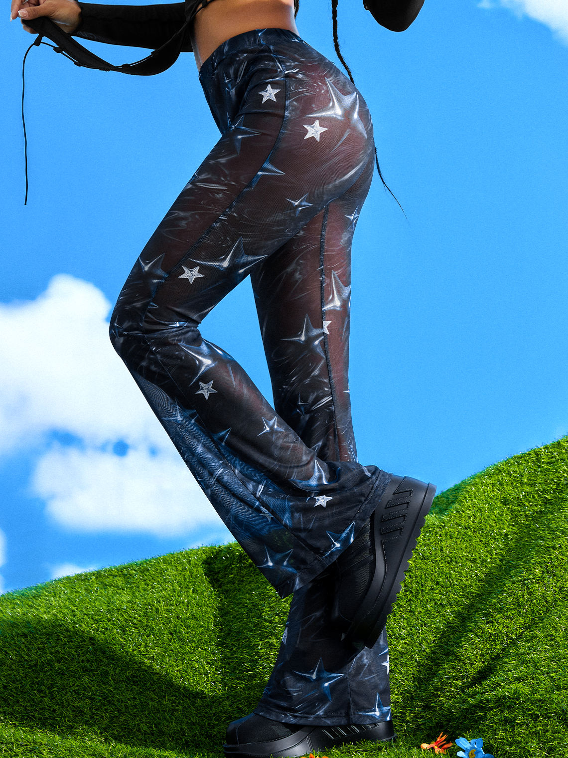 Y2K Black Mesh Star Bottom Pants