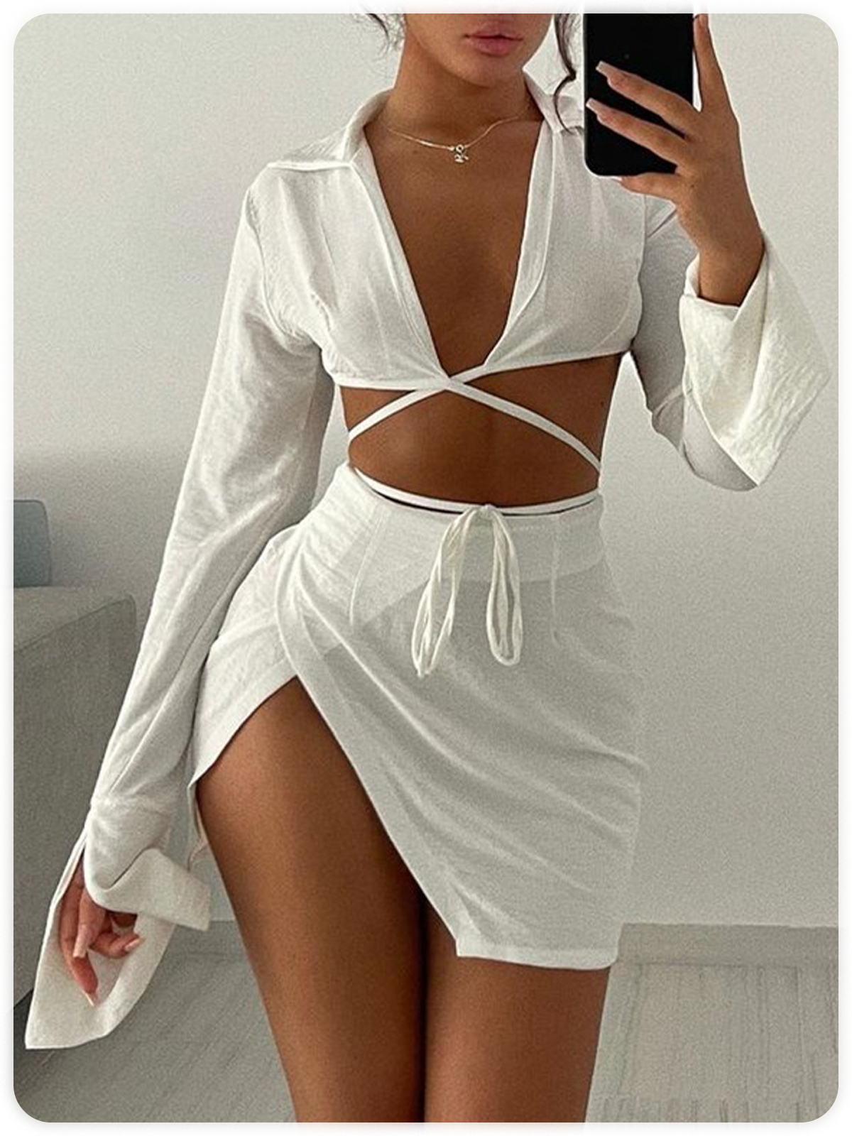 Y2K White Lace Up Shirt Collar Asymmetrical Design Two-Piece Set