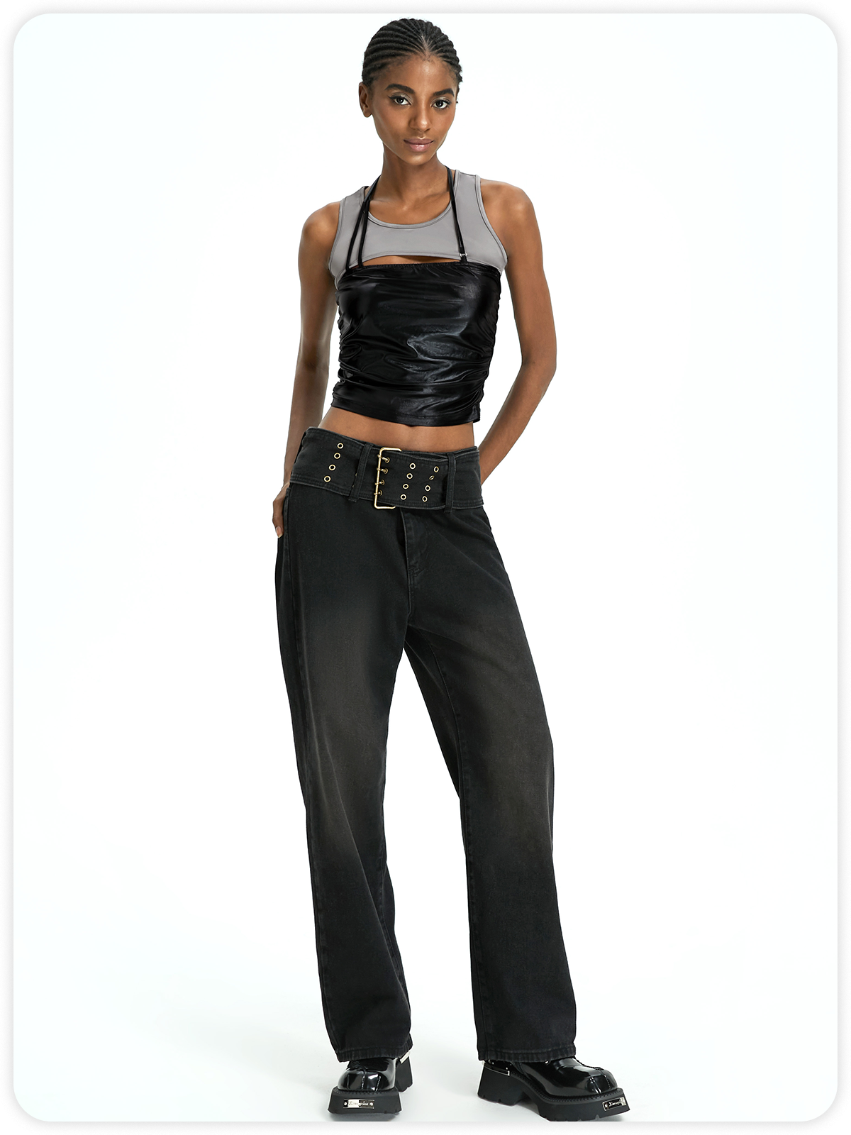 Street Black 2 pic Wrinkle PU Top Tank Top & Cami